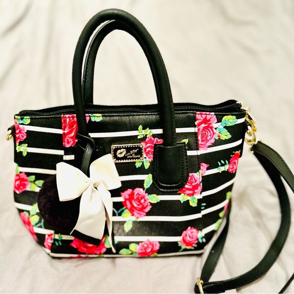 Love Betsey Betsey Johnson Floral Rose & Stripe Small Crossbody Satchel Handbag